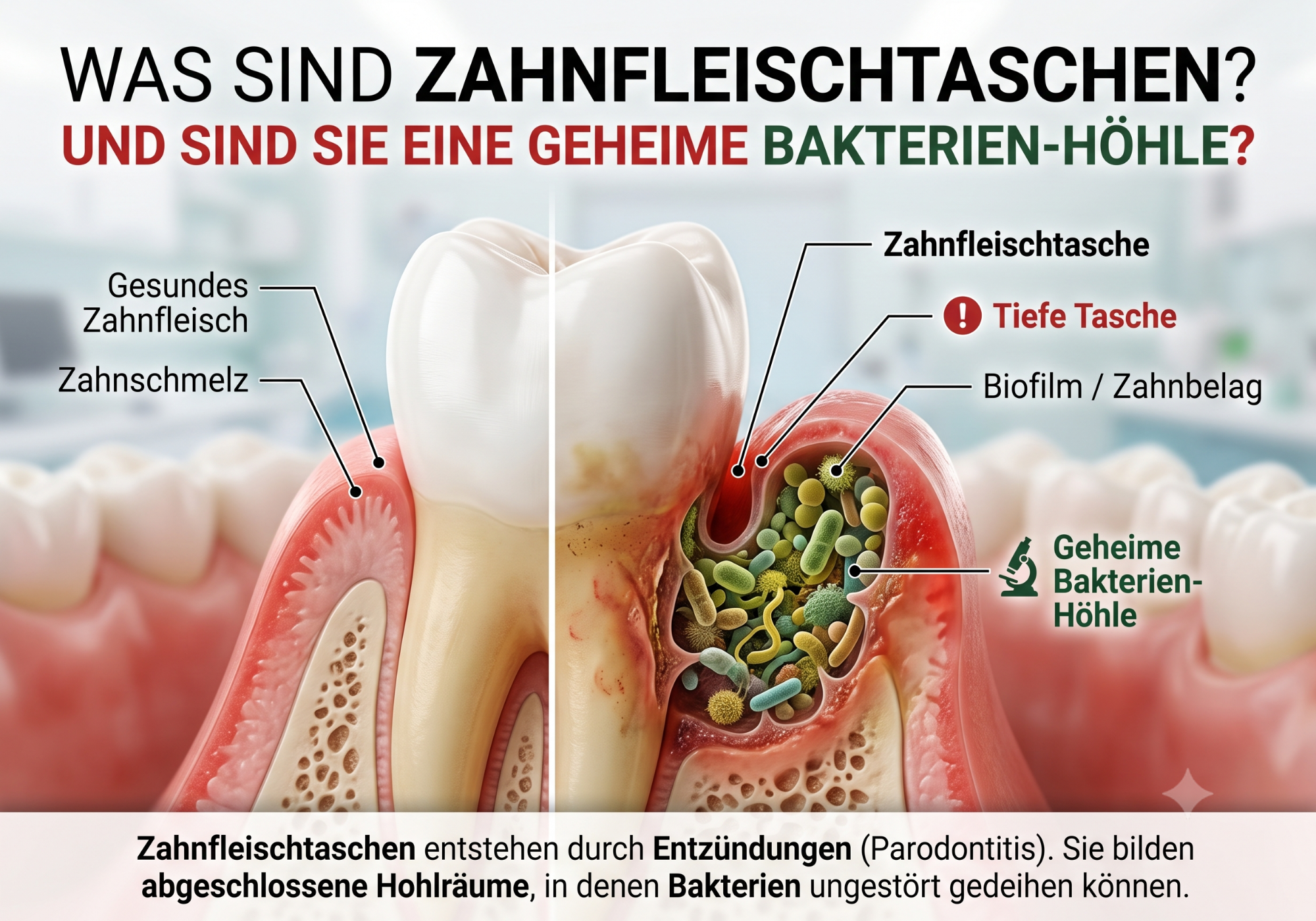 Was sind Zahnfleischtaschen überhaupt? Zahnfleischtaschen? 🔍 Die geheime Bakterien-Höhle!