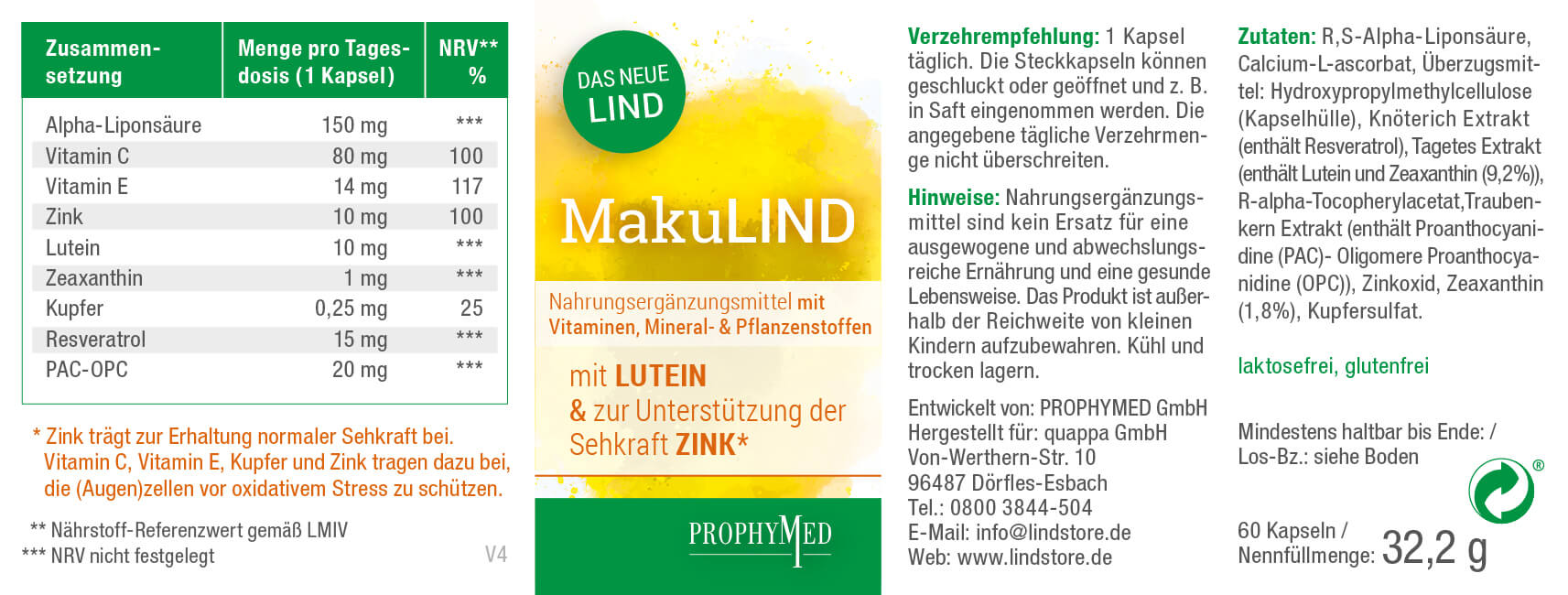 MakuLIND – Mit hochwirksamen Augen-Nährstoffen**, Mineralstoffen und Vitamin C* sowie E* gegen oxidativen Stress – 32,200mg für Deine Augen