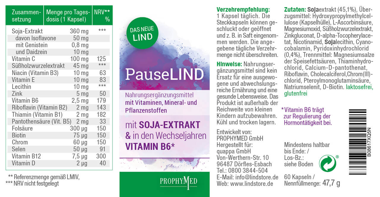 Menno, Meno, PauseLIND – hochwertiges Nährstoffpräparat mit Soja zur Unterstützung der Frau in den Wechseljahren – NEU seit 2024